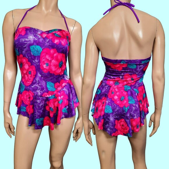 Vintage 80s Christina Swimsuit Womens M Skirted Floral Sweetheart Purple Pink - Picture 1 of 11